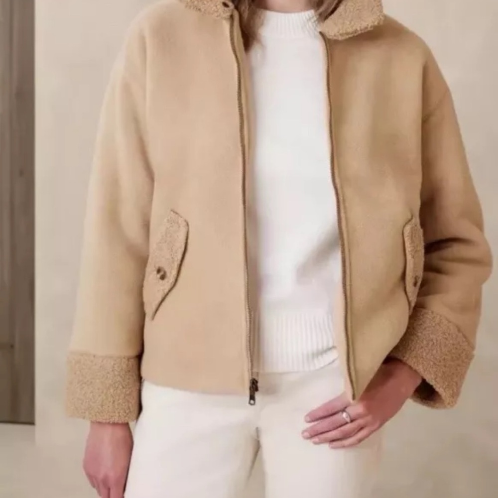 Banana Republic Women's SHERPA BOMBER JACKET Sz L Oversized Snap Pockets…